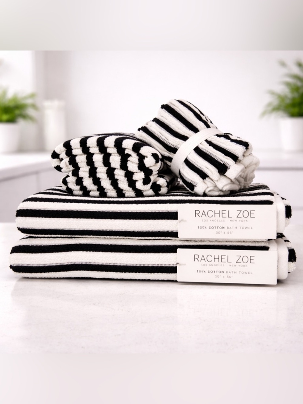 Rachel Zoe Black & Ivory Stripe Ribbed 8-Piece Towel Set NWT Cotton Hotel Luxury